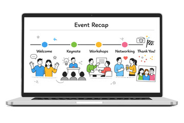 Post-Event Recap Visual. A laptop screen showing a clean timeline of moments, photos, and simple icons from an event. The illustration
