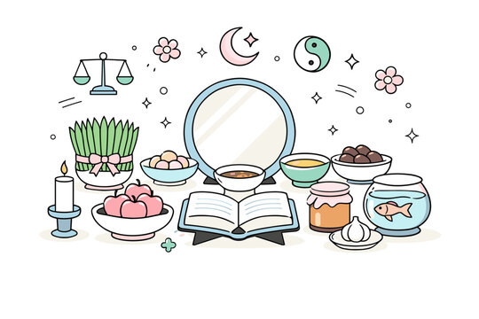 Color-coordinated haft-seen. A stylish haft-seen table with harmonious pastel tones and soft decor, floating flower and balance icons, clean and