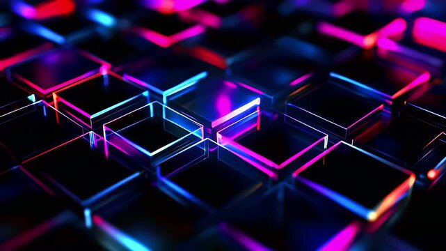 Vibrant neon lights illuminating a grid of 3D cubes in a futuristic digital landscape.