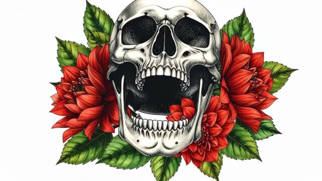 Intricate illustration of a human skull adorned with vibrant red flowers and green leaves