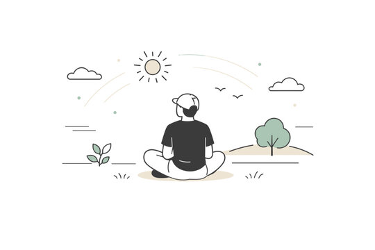 Slow time visuals. A minimal outdoor scene shows a person sitting on grass, watching light change subtly, with no action implied. The feeling is grounded,