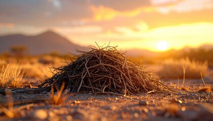 Fototapeta premium FlyPro Firefly small pile of dry dusty twigs forming a rudimentary shelter in barren fading evening light