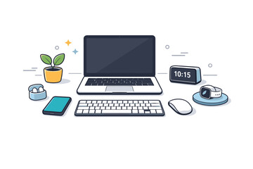 Office tech gadgets. Minimal desk setup with laptop, keyboard, mouse, and small devices neatly arranged. Focused work mood with modern