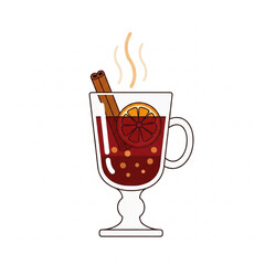 Minimalistic Mulled Wine Vector Illustration, Steaming Glass with Cinnamon and Orange, Flat Design, Warm Cozy Style
