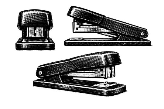 Office supply stapler desktop tool shown in straight-on front view, open side view, and three-quarter angled view as one object composition.