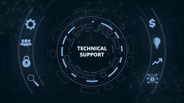 Business, Technology, Internet and network concept. Technical Support Center customer service.Circular hud interface,abstract blue technology network background.