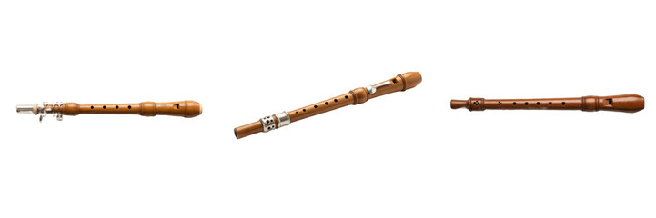 Traditional Handcrafted Wooden Recorders with Elegant Grain Finish and Finger Holes on White Background