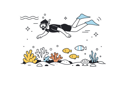 Snorkeling over coral reef. A person floating above a reef with fish and corals below, subtle wave and star icons floating, peaceful and exploratory mood.