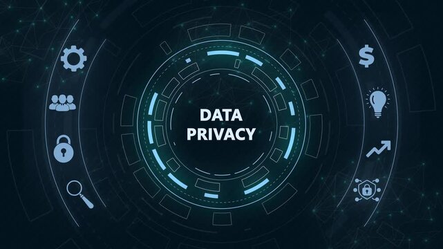 Cyber security data protection business technology privacy concept. Circular hud interface,abstract blue technology network background.
