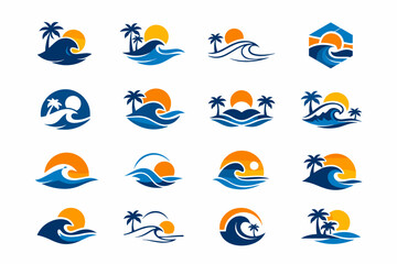 Tropical Beach. Icon set. Set Logo of Tropical Beach: ocean wave with sun. harmonious logo variations of the same emblematic concept, each