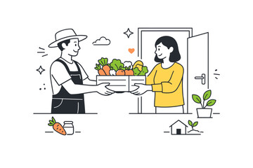 Fototapeta premium Community-supported agriculture deliveries. A farmer handing a box of fresh vegetables to a resident at the doorstep. Calm local exchange and