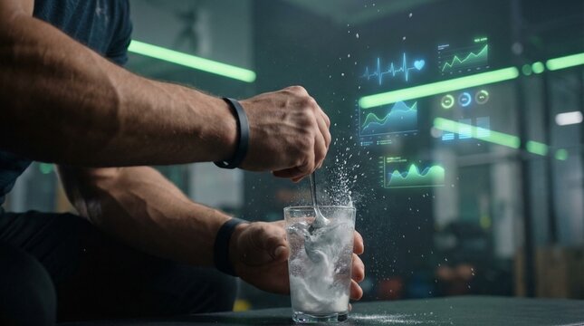 Mixing Sports Nutrition Powder in Water with Digital Health Data Hologram Background