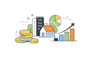 Naklejka premium Balanced Investment Icons. Diversified investments. A clean editorial scene showing different simple icons like coins, buildings, and charts grouped together,