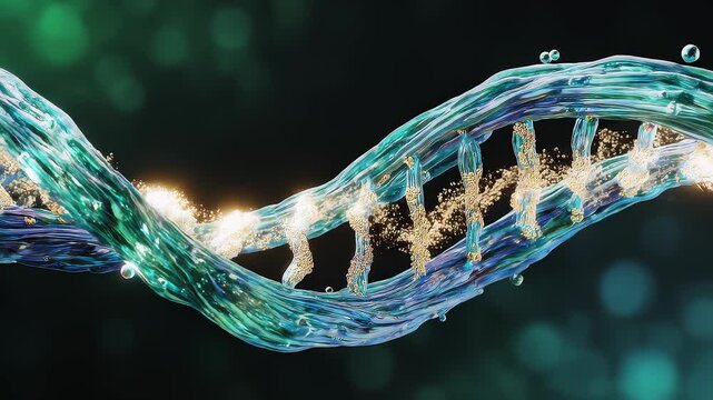 Macro close-up of iridescent synthetic DNA strand forming in seamless loop