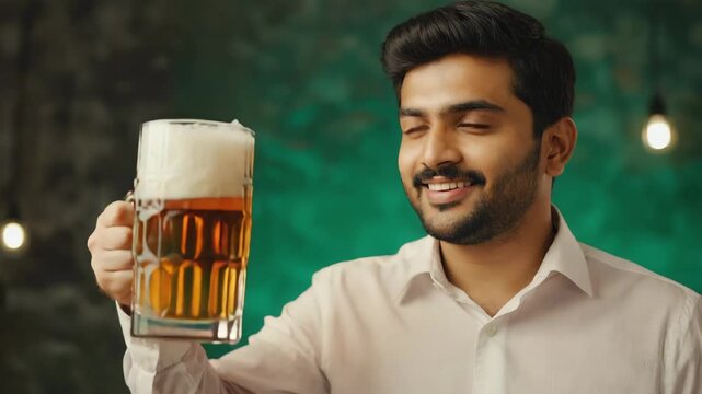 Collage of a cheerful south asian man enjoying a fresh pint of beer. Handsome adult male with a beard smiling and winking while toasting in a bar or pub setting