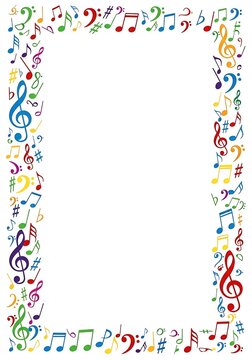 Vibrant musical notes and treble clefs forming a colorful picture frame
