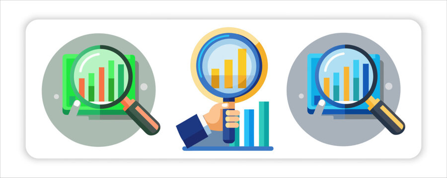 Inpection Icon and flat modern trand magnifying glass with graph going down icon on blue and pink pastel colored background 
