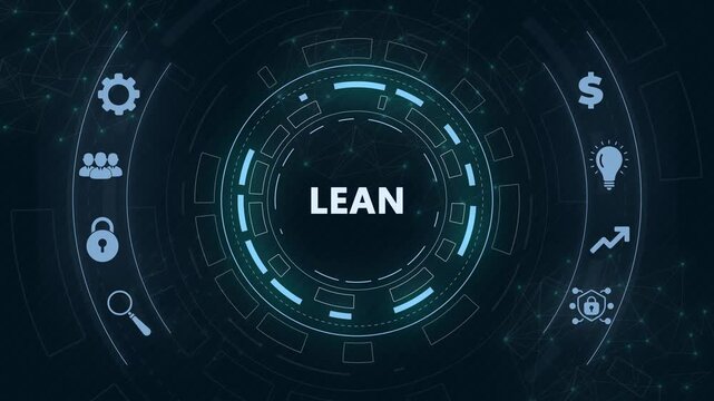 Lean, Six sigma, quality control and manufacturing process management concept on virtual screen.Circular hud interface,abstract blue technology network background.
