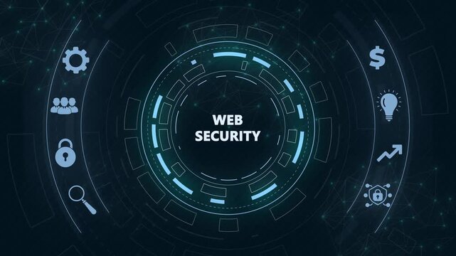 Web security. Cyber security, computer data encryption and internet protection.Circular hud interface,abstract blue technology network background.