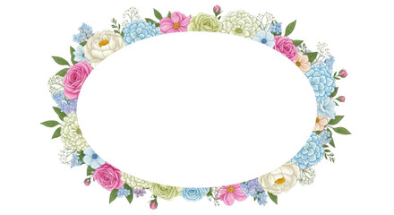Oval floral frame with pink, blue, and white flowers and green leaves isolated PNG with Transparent Background