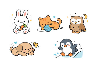 Fototapeta premium Cute animal illustration. Simple animals with rounded shapes and gentle expressions sitting or playing calmly. Soft, joyful, and