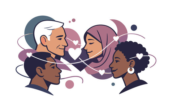 Human dignity. Close-up of faces with calm expressions, hearts and light shapes connecting