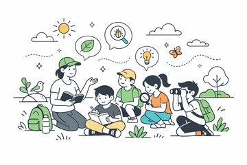 Fototapeta premium Outdoor learning experience. A calm editorial scene of students gathered outside with a teacher, observing nature and discussing ideas. The