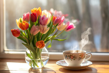 Kartka na międzynarodowy dzień kobiet. Kolorowy bukiet tulipanów i kawa 