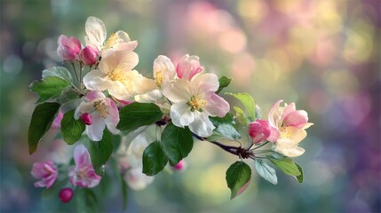 Fototapeta premium Beautiful Blossoming Apple Tree Branch with Pink and White Flowers Against a Soft, Dreamy Background of Light and Colorful Bokeh Effects