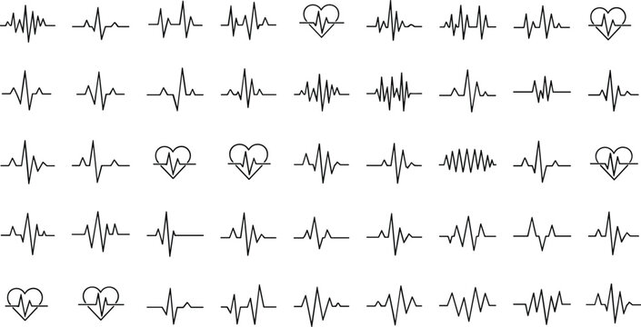 Collection of various heartbeat line icons and heart symbols