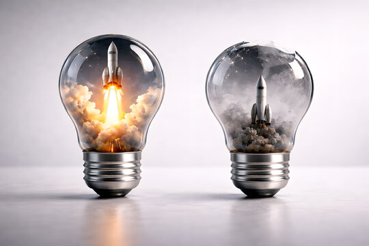 Pair of light bulbs with one rocket launch and one smoky bulb representing startup success versus failure and business risk management