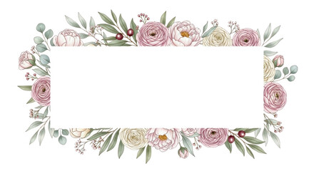 Fototapeta premium Watercolor floral rectangle frame with pink and cream ranunculus flowers, green eucalyptus leaves, and red berries isolated PNG with Transparent Background
