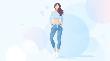 Illustration of a female figure standing confidently with casual attire and a light background, embodying empowerment and style