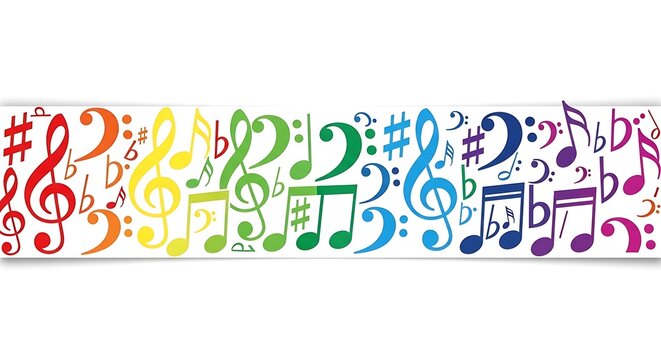 A vibrant array of musical notes and symbols in a rainbow of colors