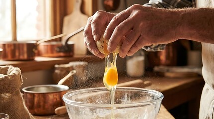 Close up of hands cracking fresh egg into glass bowl for baking