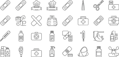 Medical supplies and first aid kit icons for healthcare and emergency care