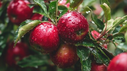 Obraz premium Fresh red apples on a tree branch glistening with raindrops after a refreshing summer rain, showcasing vibrant colors and natural beauty in a lush orchard