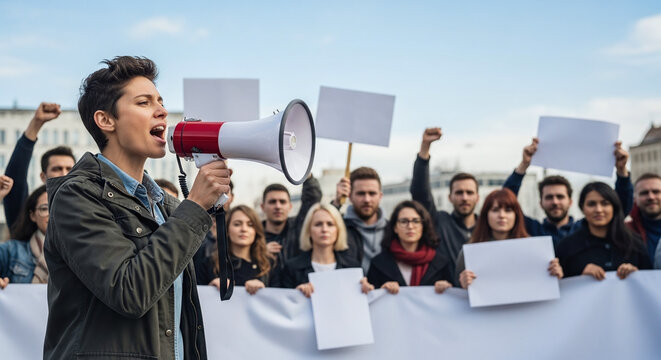 People on strike protesting with megaphone, Activists Holding Blank Signs 