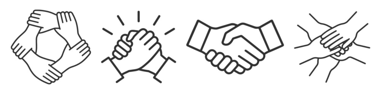 Outline handshake and teamwork icons with unity cooperation and partnership symbols isolated on transparent background