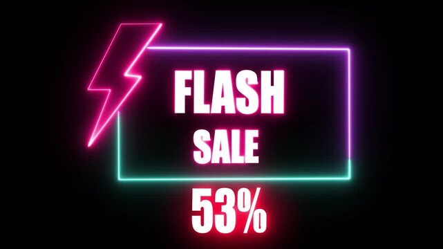 Neon Flash Sale 53 Percent Discount Animated Sign with Lightning Bolt Icon Dark Background