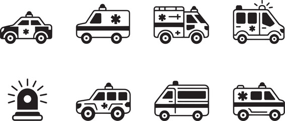 A Collection of Emergency Vehicle Icons Featuring Ambulances Police Cars and a Siren Isolated on a Transparent Background © md