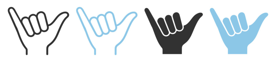 Shaka hand gesture icon set, outline and solid hang loose aloha sign symbols isolated on transparent background © Alla
