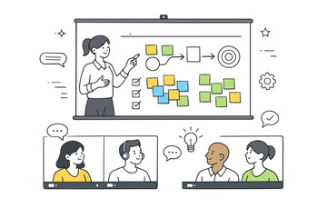 Virtual workshop facilitation. Online whiteboard session with sticky notes and simple diagrams, participants watching attentively. Focused co-creation and