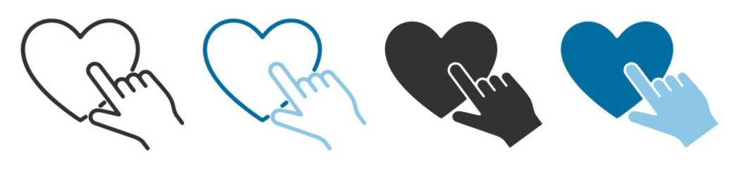 Obraz premium Heart click icon set, outline and solid hand touch like symbols isolated on transparent background