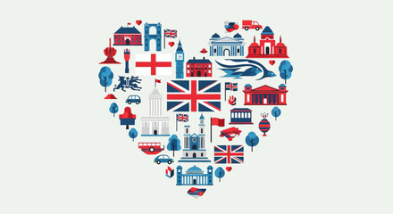 Obraz premium London Icons and Union Jack Flag Heart Shape Illustration of United Kingdom Landmarks