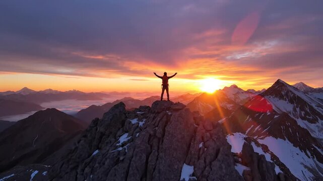 Hiker celebrates triumph on mountain peak at vibrant sunrise