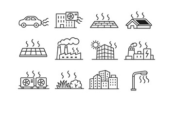Fototapeta premium Heat Sources in Cities. Line icon set of Heat Sources in Cities: vehicle emissions, building AC exhaust, paved street heat, dark rooftops,