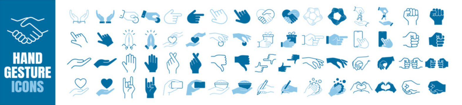Hands icon set, gesture finger touch click pointer palm sign outline vector collection for ui and interface design on transparent background