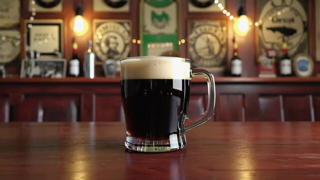 A cold glass mug of dark craft beer with a thick foamy head on a reflective wooden bar. Traditional pub background with soft bokeh lights for a relaxing evening concept