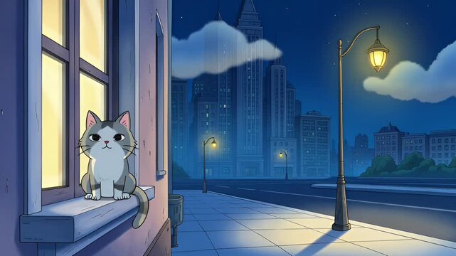 Cartoon cat sitting on a windowsill at night overlooking a city street